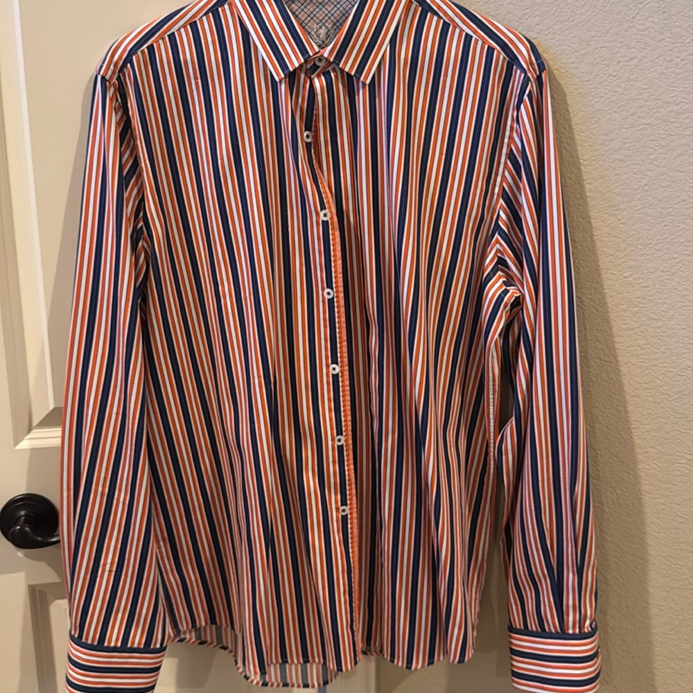 Men’s striped button down shirt.